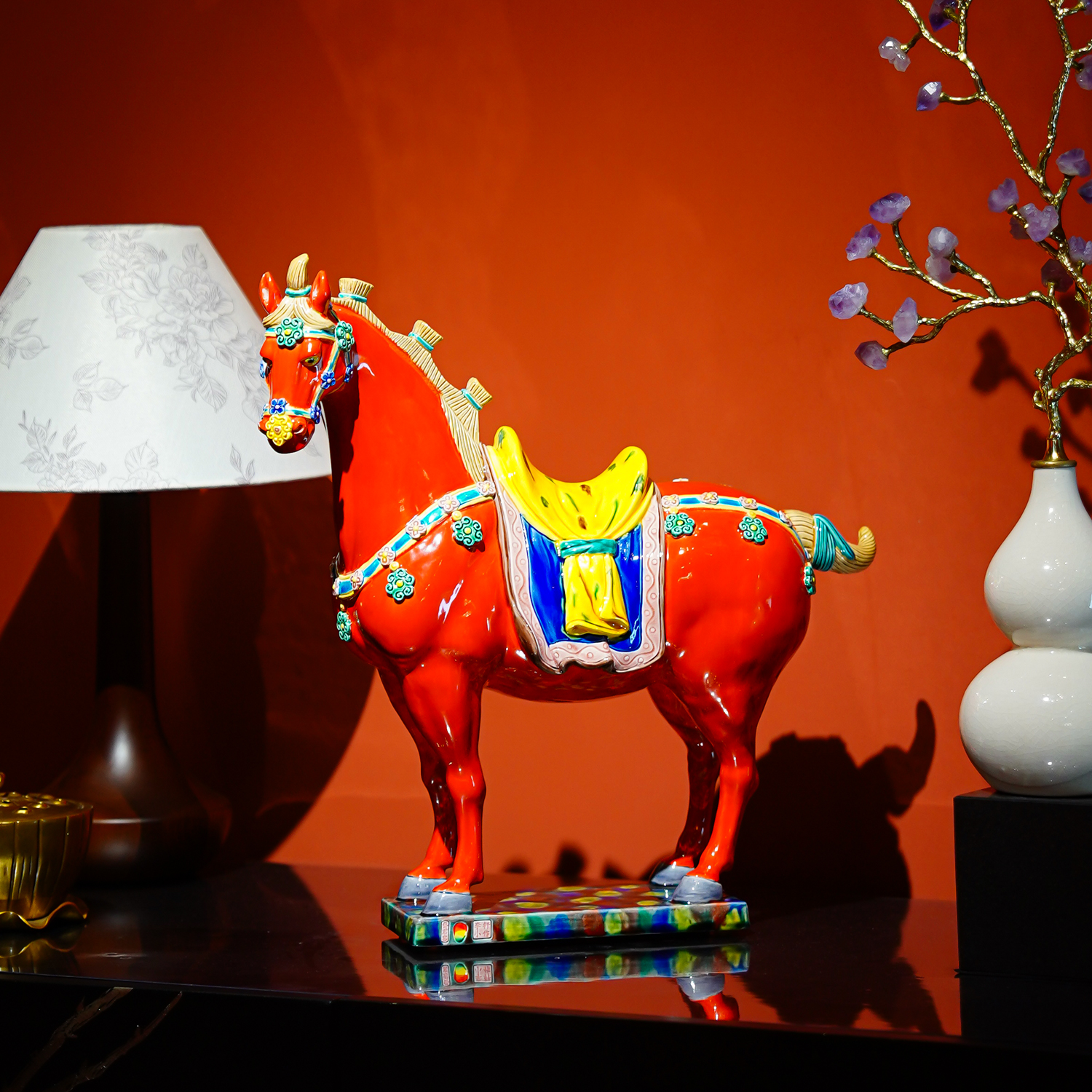 【本尼家】J10 国潮手工招财彩釉陶瓷交趾陶玄关摆件-红宝马  