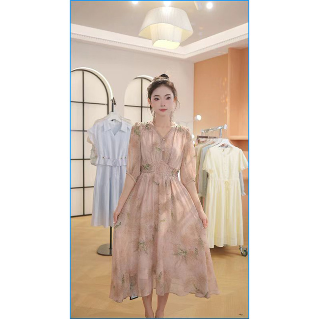 L8882  2025年夏季新款时尚V领优雅度假风收腰显瘦中长款连衣裙