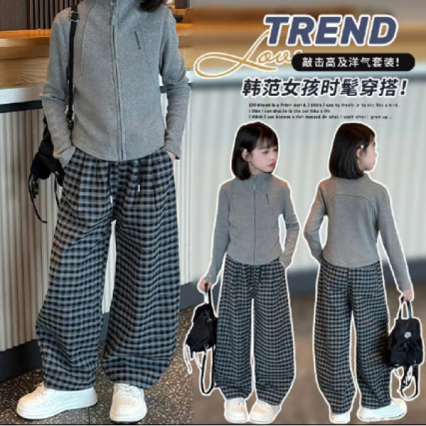 女童裤子2025秋季新款格子裤女孩弯刀阔腿裤中大童春秋时尚休闲裤