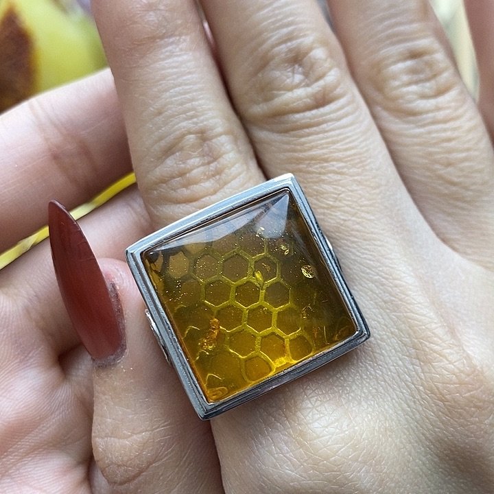 琥珀戒指银S925镶嵌戒指