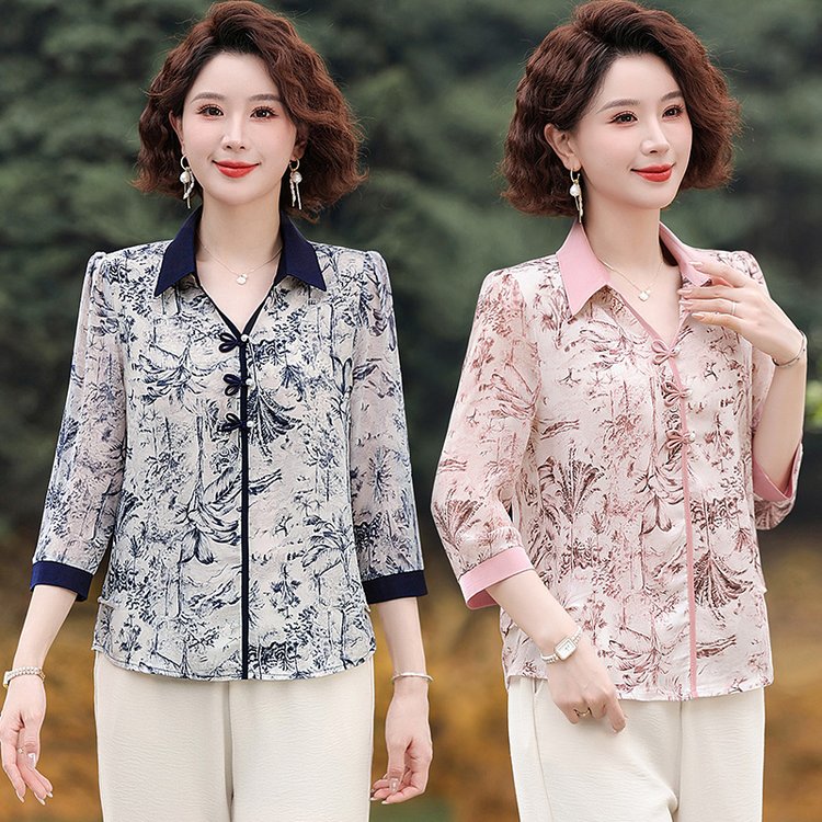 8932中年妈妈七分袖上衣夏季薄款T恤雪纺衫中老年女装夏套装短袖