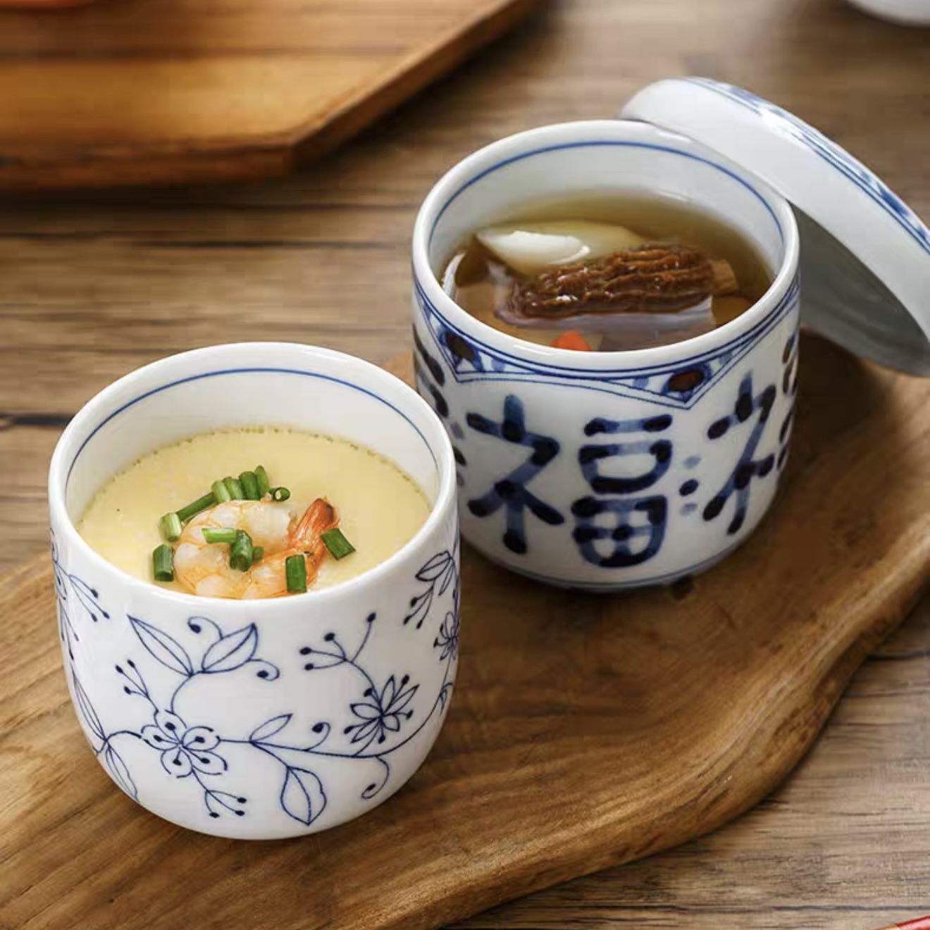 日本进口福字炖盅燕窝碗甜品盅陶瓷家用釉下彩蛋盅带盖缠枝复古