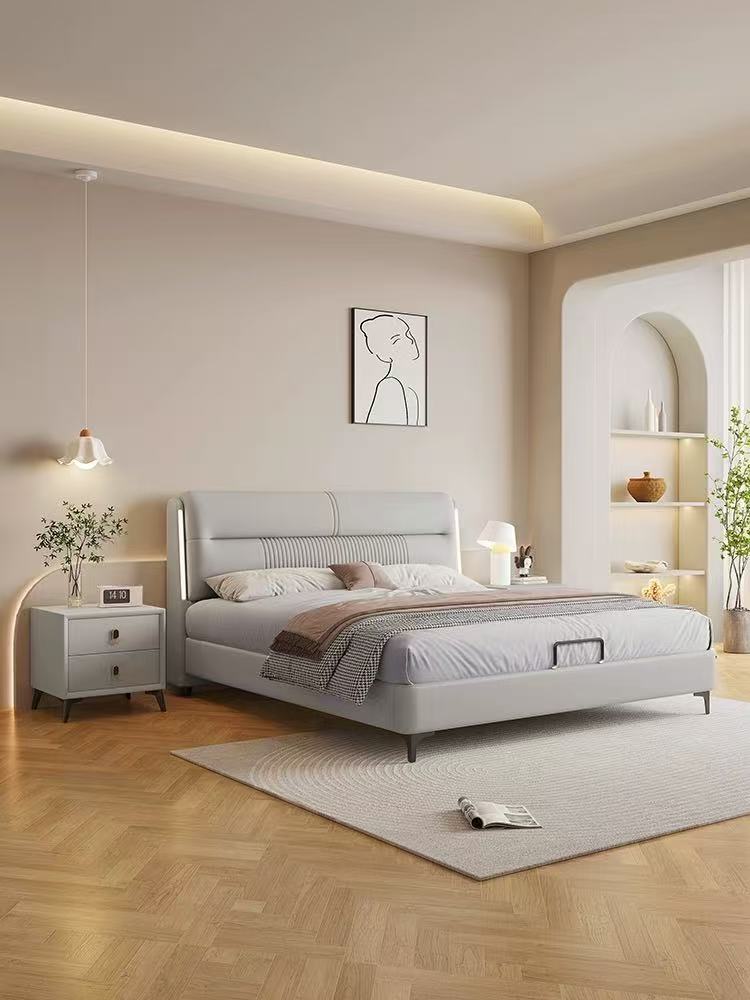 馨然家具2309#轻奢时尚简约感应灯现代尊贵牛皮床婚床真皮储物床