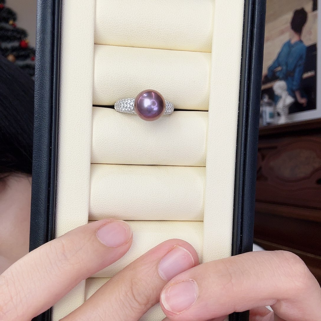 淡水珍珠戒指银S925镶嵌星光紫珠戒指sgys