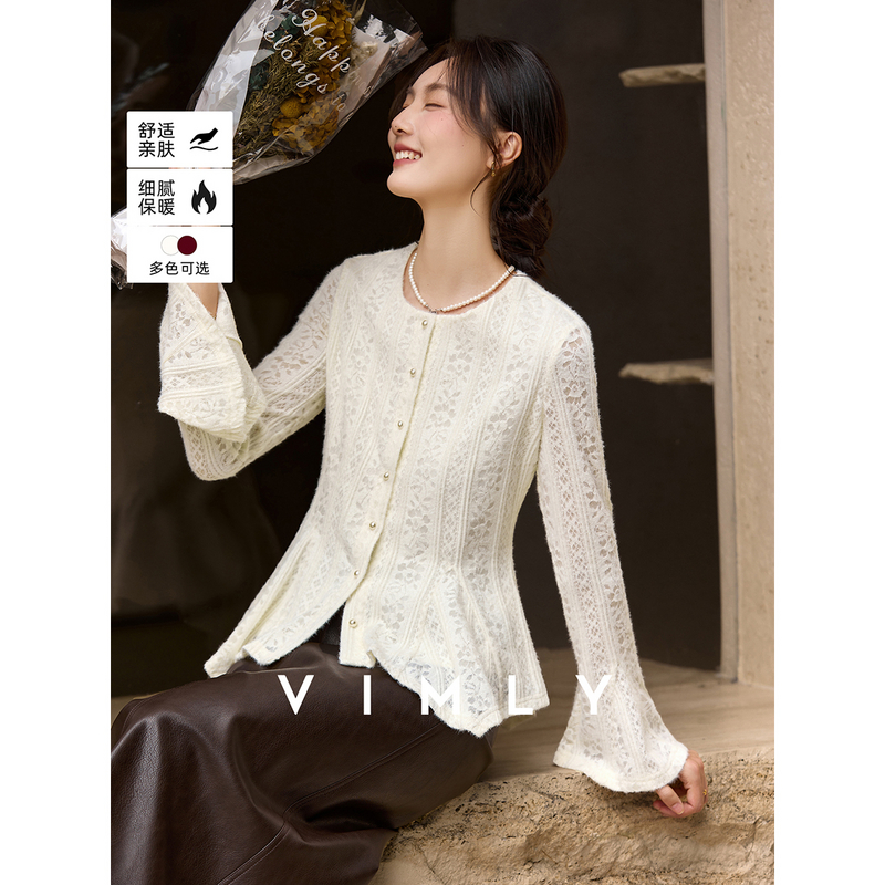 梵希蔓杏色法式圆领蕾丝雪纺开衫女冬修身显瘦内搭打底衫A3597