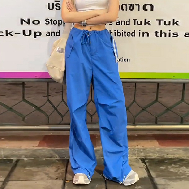 少量高腰直筒美式休闲宽松百搭显瘦抽绳薄款阔腿工装裤时尚蓝色