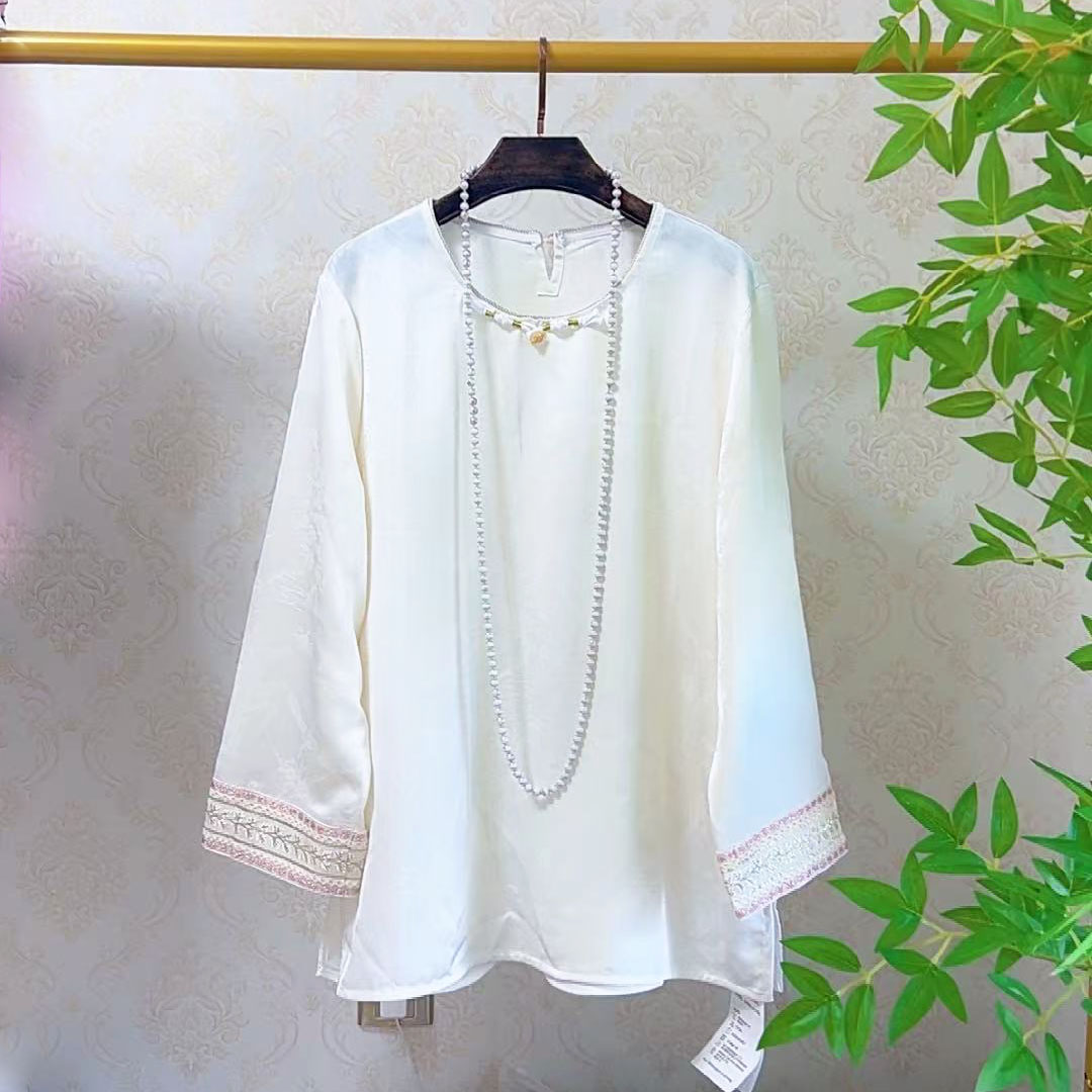 YY国风新中式提花缎面白色打底衫胖妹妹宽松百搭上衣200斤6620