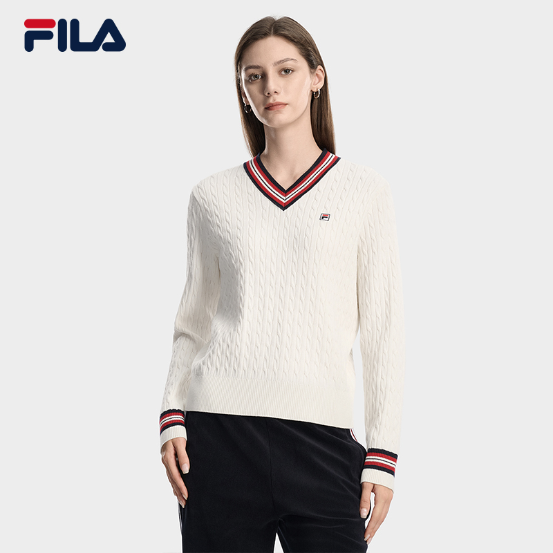 Fila/斐乐春季新款女户外休闲保暖长袖编织衫V领条纹显瘦撞色上衣