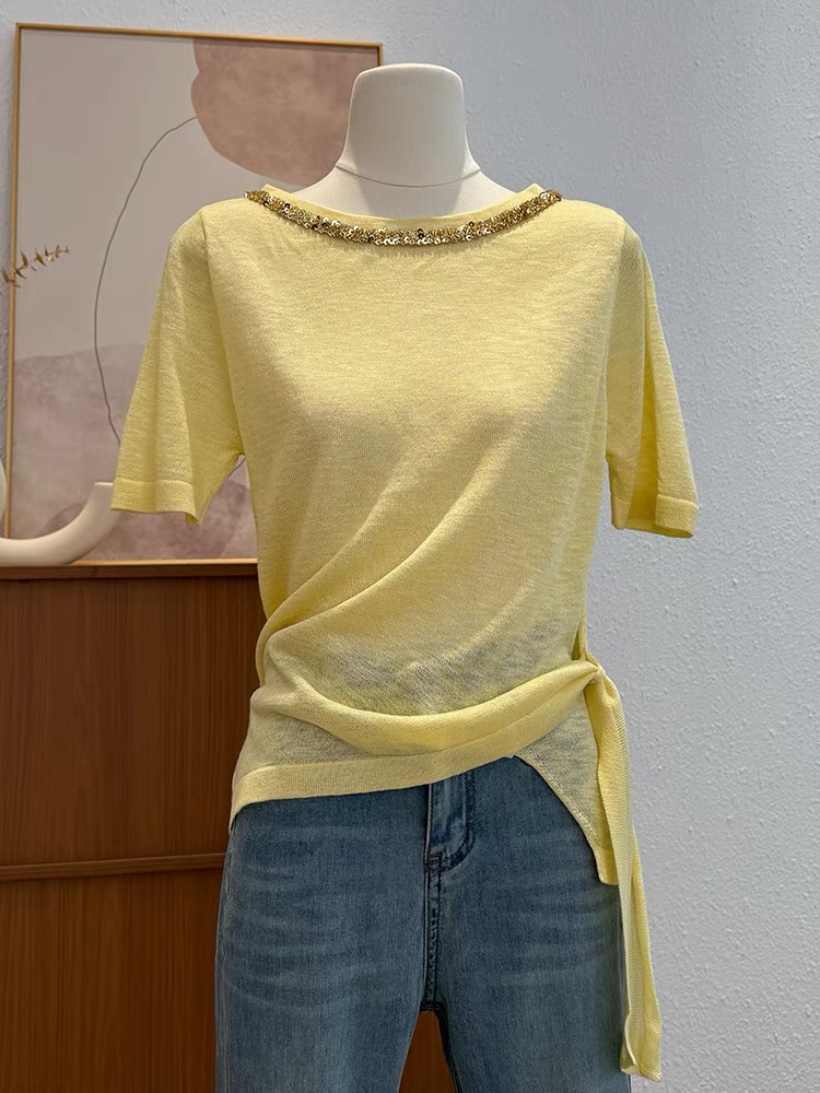 甜辣风斜肩绑带设计亮片针织短袖T恤女夏季独特上衣6605