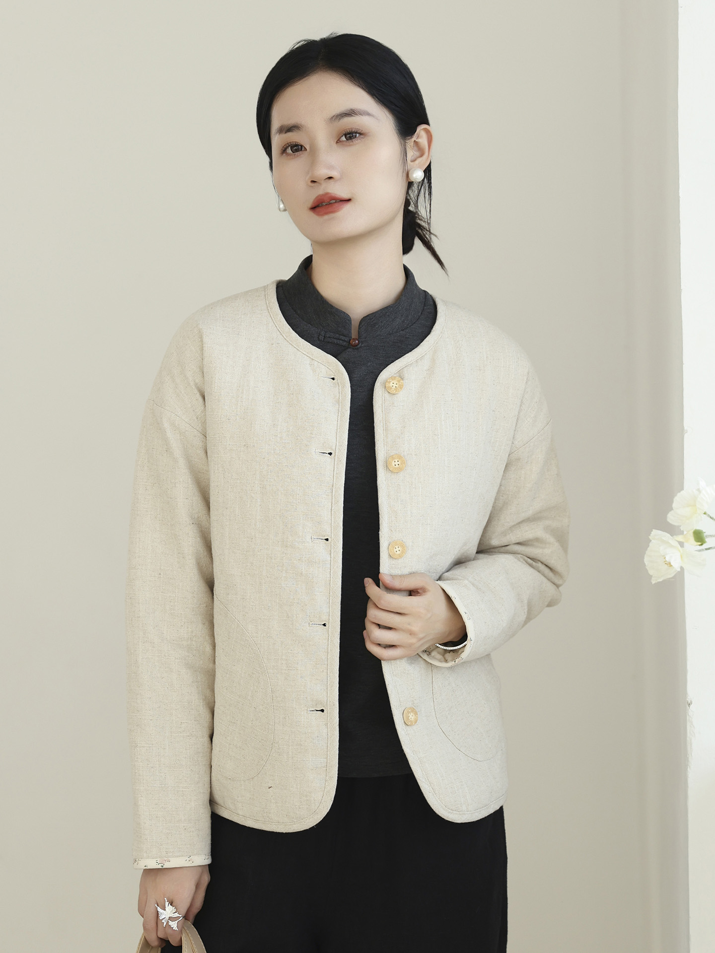 冬季新款中式棉麻外套棉服女圆领夹丝绵加厚保暖棉衣双面穿棉袄子