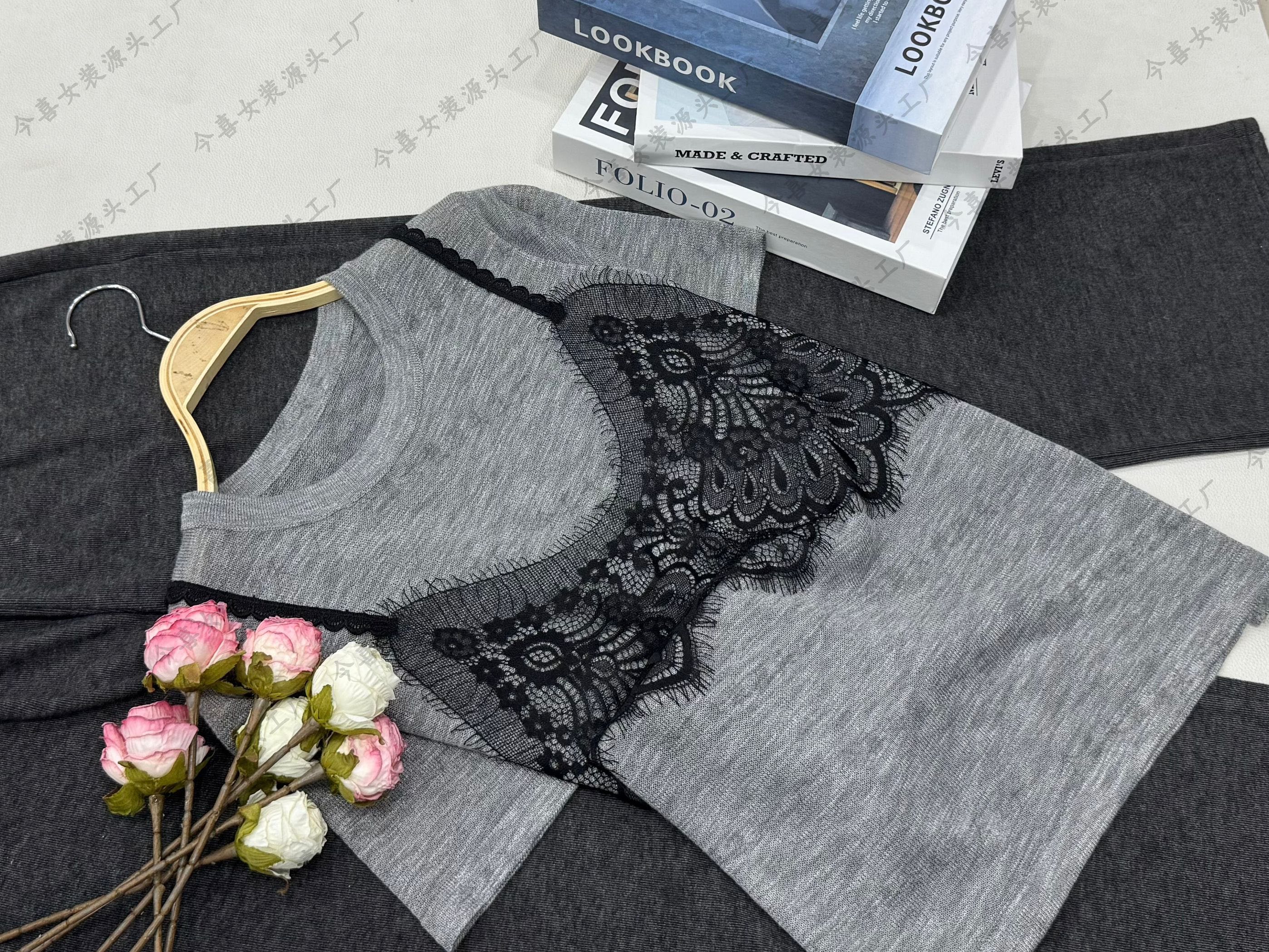 【灰色蕾丝假两件】新款时尚套头短袖针织衫QC3485