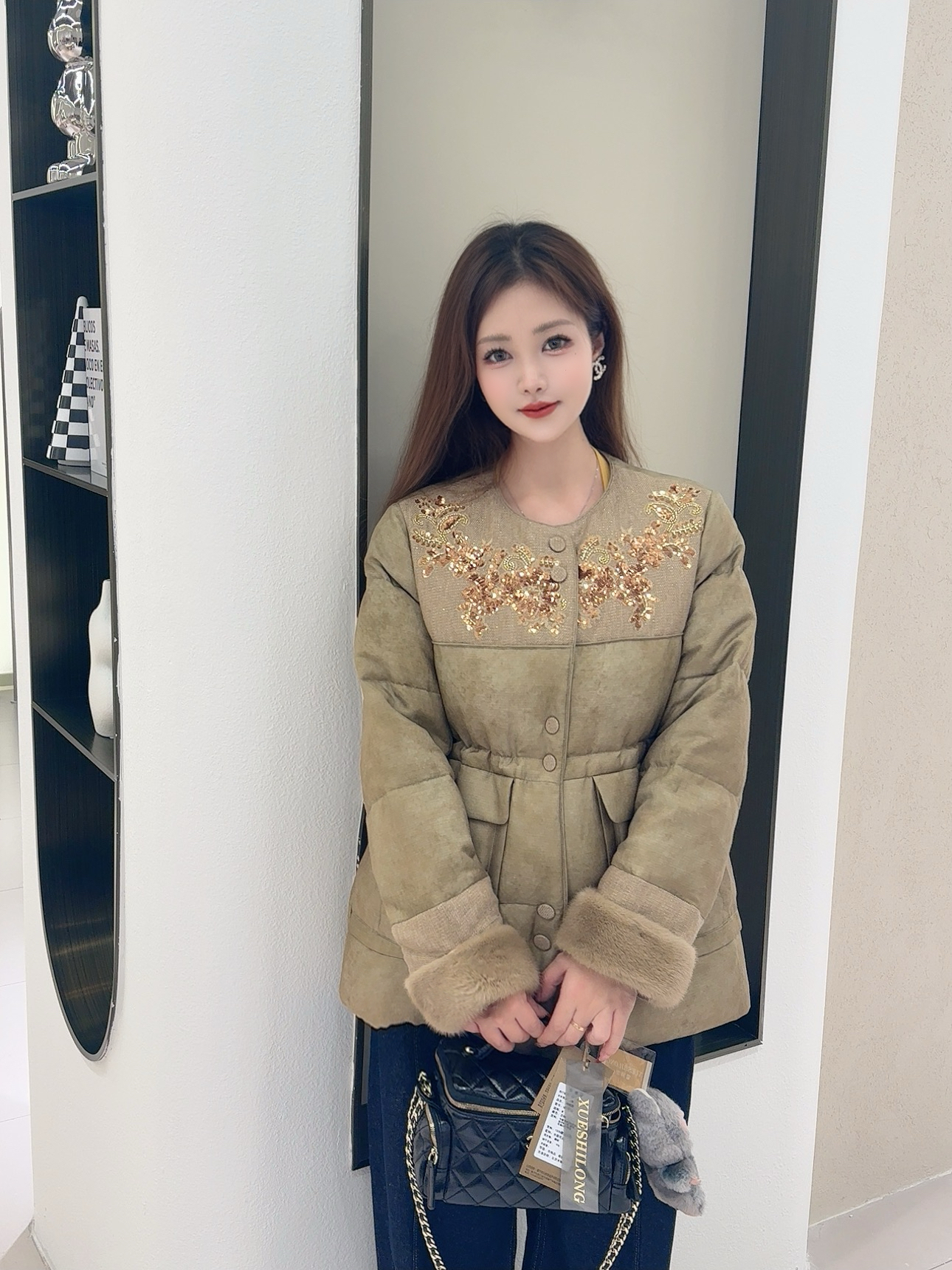 水貂毛新款白鹅绒圆领鹅绒服HD-5106