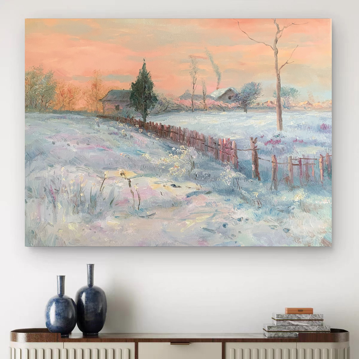 《雪野暮歌》50*60含内框，刘春建手绘油画装饰画，客厅背景墙挂画