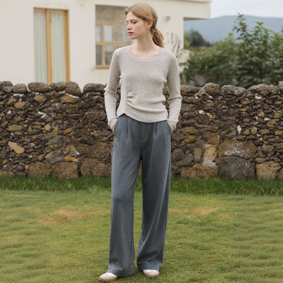 专柜同款【SE】绵羊毛设计感褶皱修身针织毛衣 DM9A668