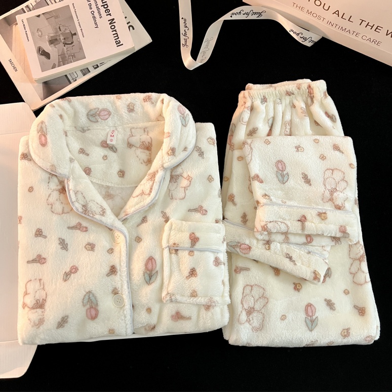 【郁金奶兔】法兰绒甜美睡衣加绒加厚蓄热保暖秋冬大码家居服可外穿