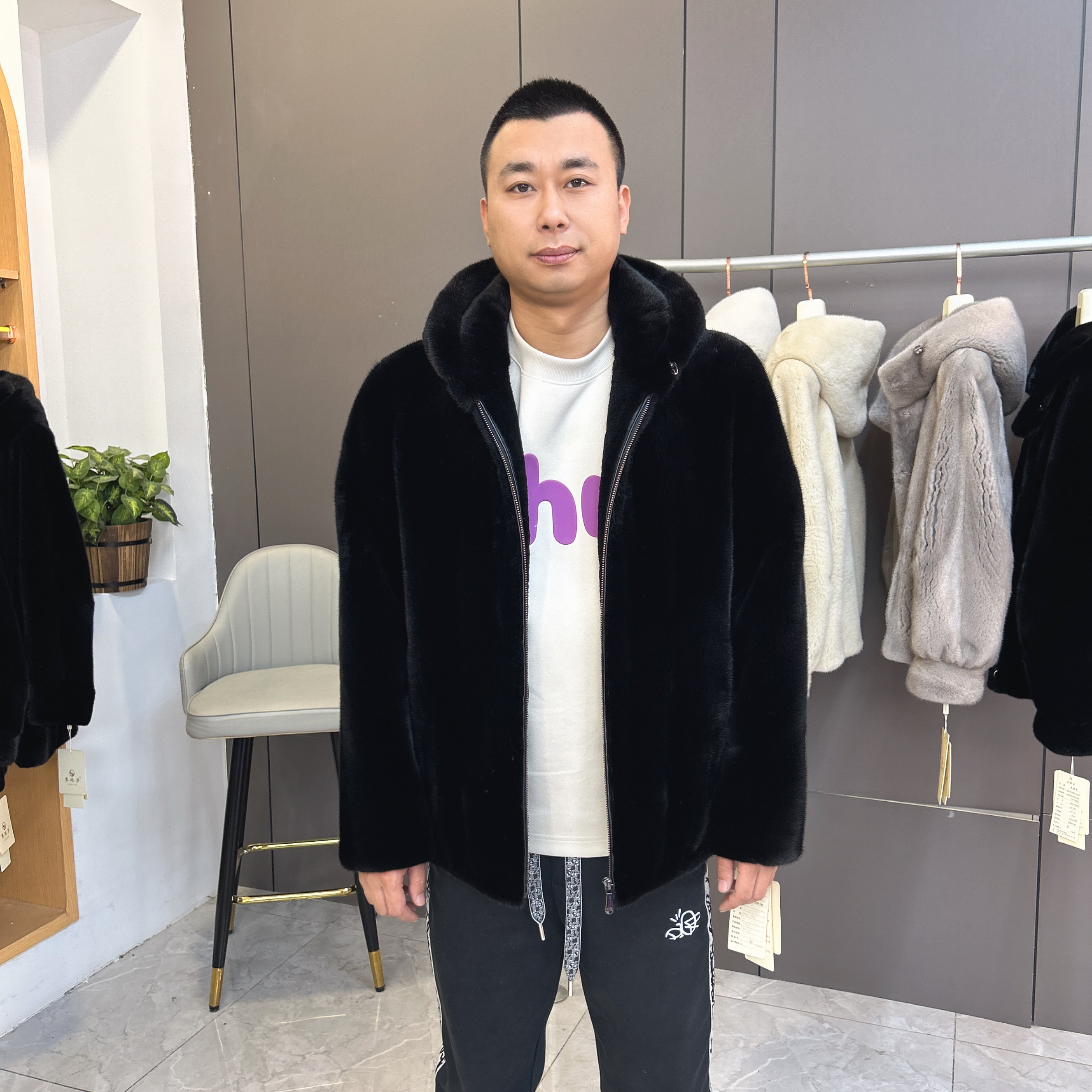 男款貂皮大衣银蓝色皮草外套120斤内