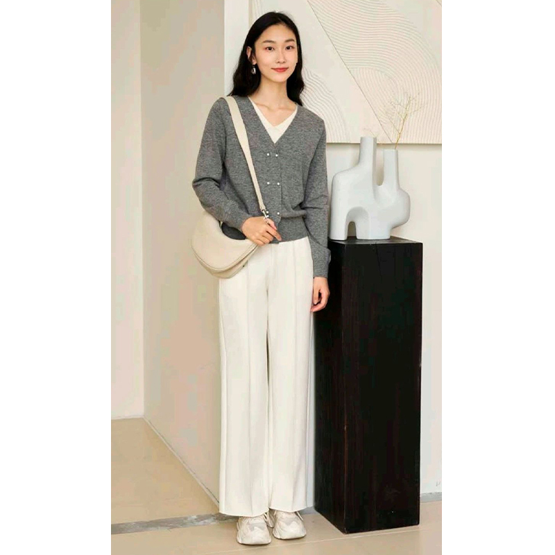 【TA】韩版松紧腰简约气质休闲裤子2025春季新款撤柜女装