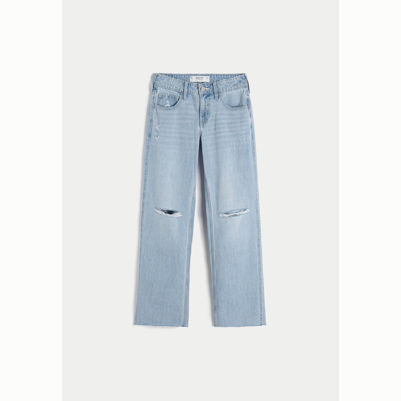 Hollister25春夏baggy风美式宽松破洞直筒牛仔裤女装355-5367