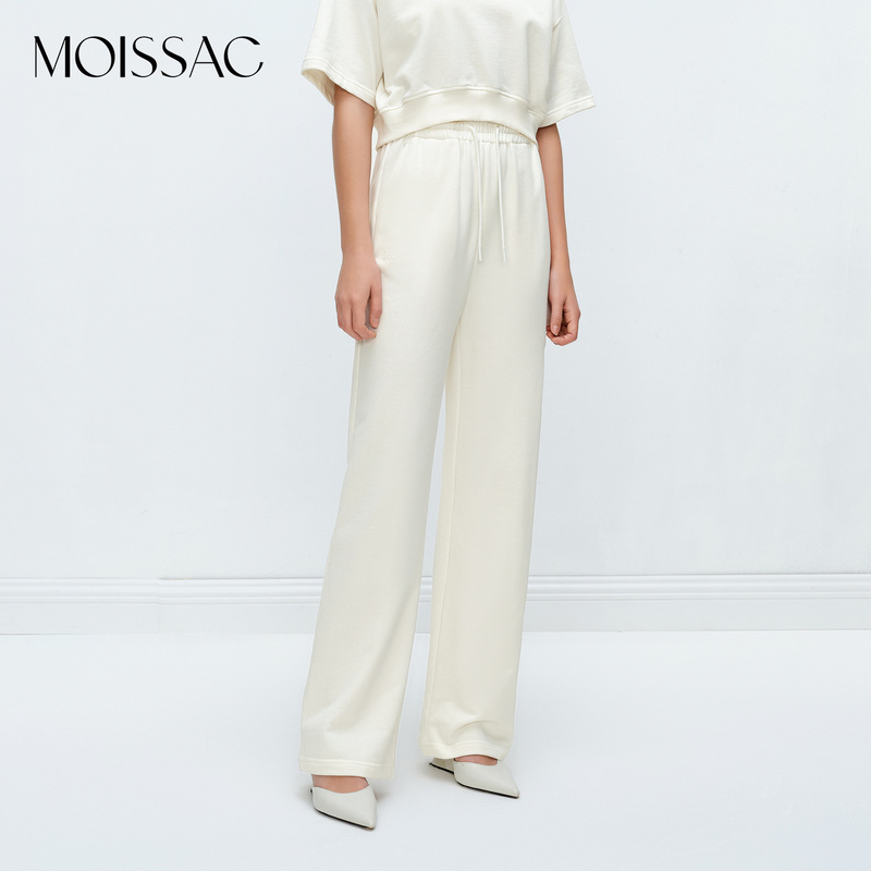 【达人专享】MOISSAC/摩萨克 秋运动休闲风亲肤白色破洞卫裤