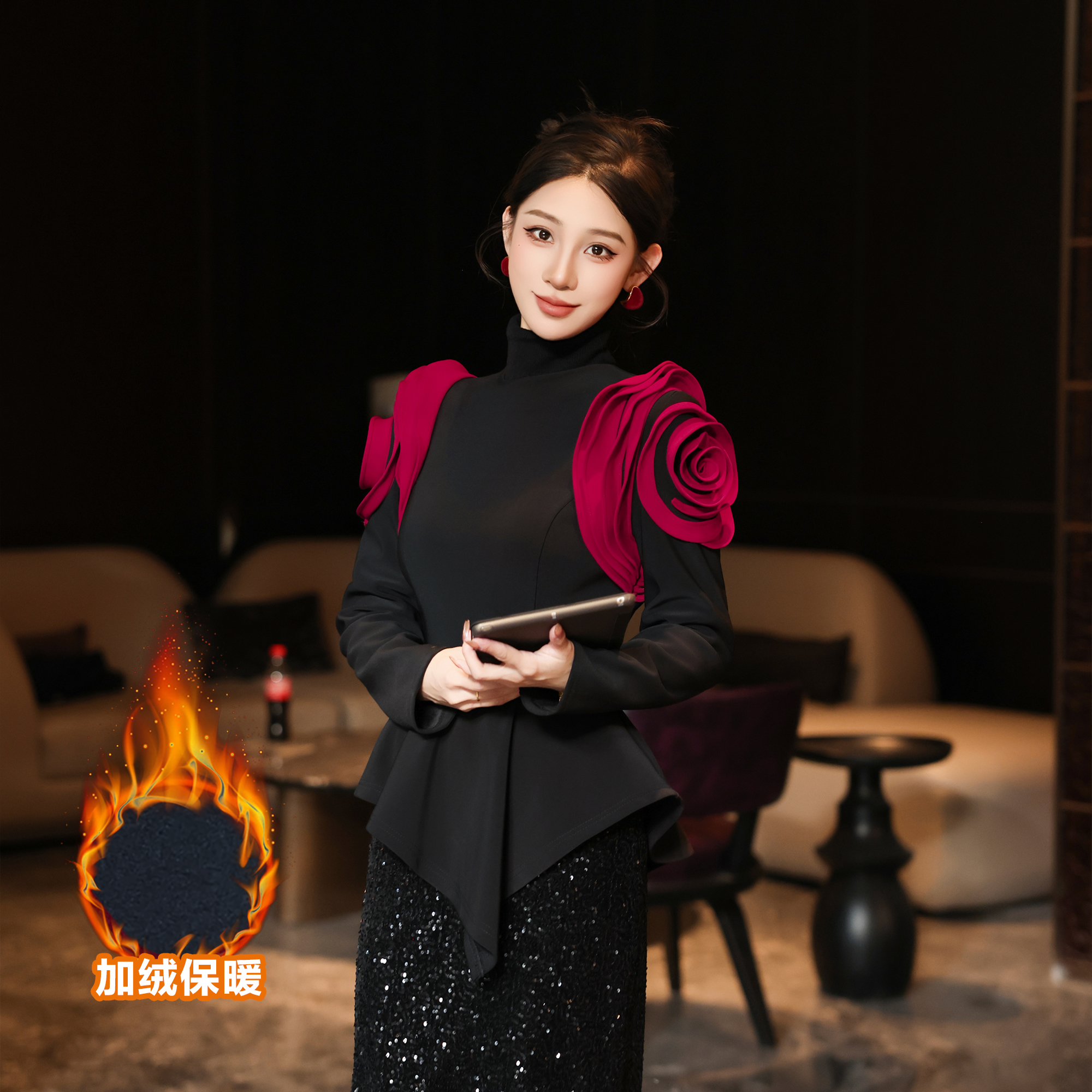 MD进进原创【玫瑰之境】2025冬季加绒气质显瘦设计师立体花肩袖上衣