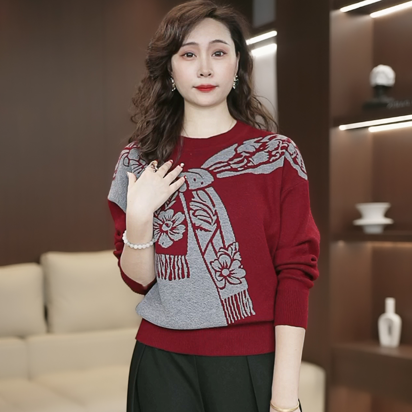 时尚百搭拼色宽松显瘦上衣2025秋冬设计感蝴蝶长袖针织衫女装3606