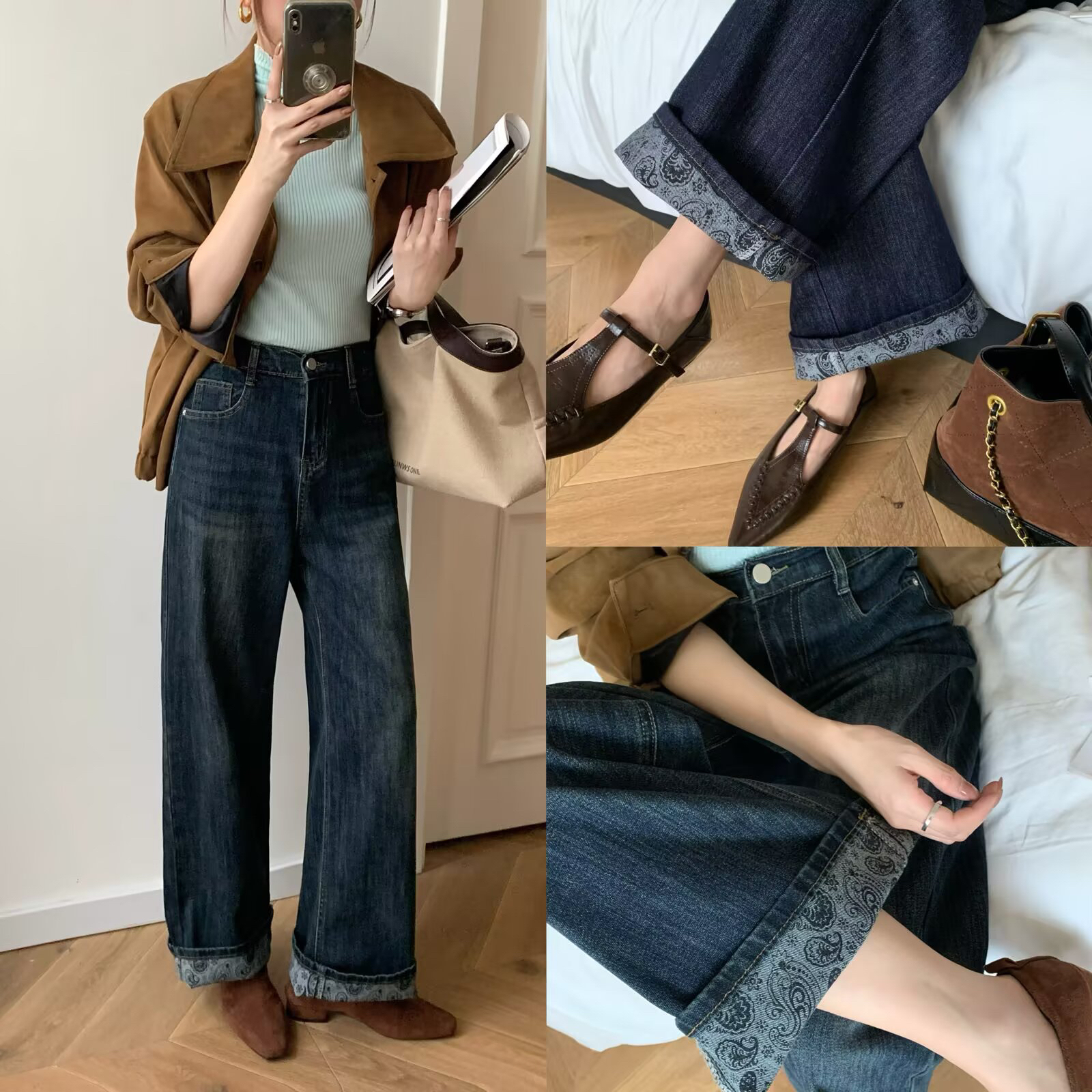 YueBeiLa/月贝拉大码秋季新款洋气百搭弹力腰果花直筒显瘦牛仔裤