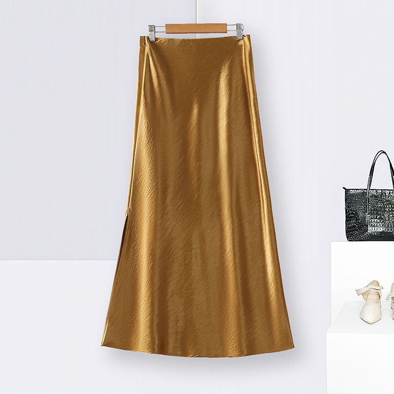 高级感大A字鎏金缎半身裙女2024新款显瘦中长款裙子长裙