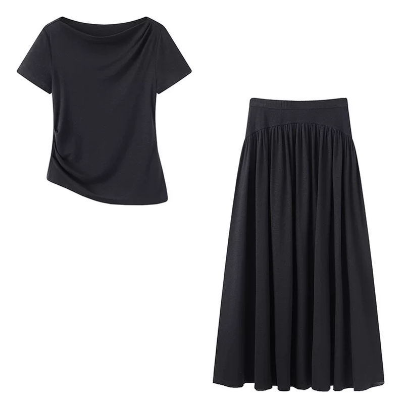 9290【艾家同款】2025秋新款气质一字领不规则短袖T恤半身裙套装女