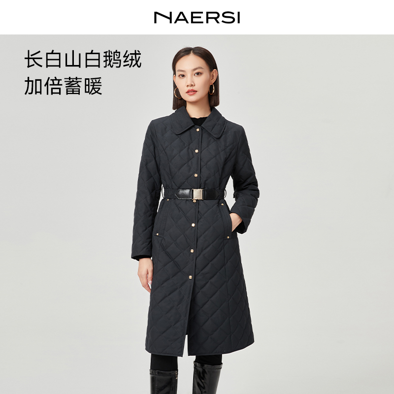 娜尔思时尚黑色收腰中长款修身经典秋冬白鹅绒羽绒外套NR00784W0