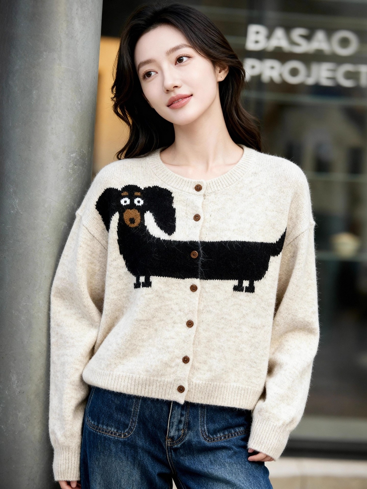 【品牌同款】卡通小狗提花毛衣女25秋冬单排扣宽松可爱毛衣开衫外套