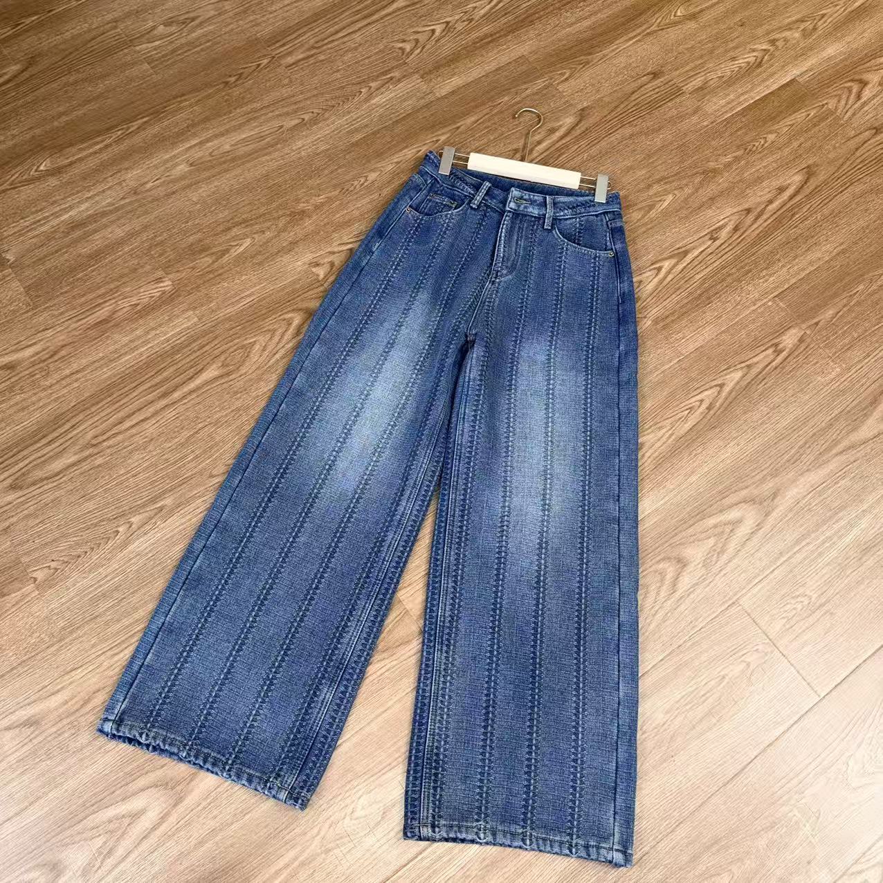 【大季原创】W032新款百搭中高腰直筒加绒牛仔裤休闲显瘦遮肉裤子