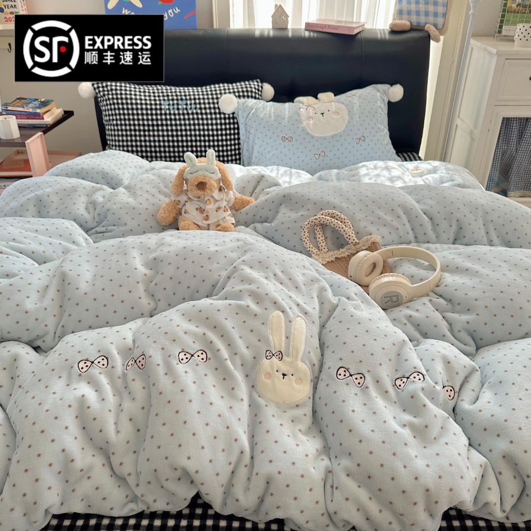 猫咪日记卡通可爱牛奶绒毛球款卡通贴布绣四件套小动物三件套床品