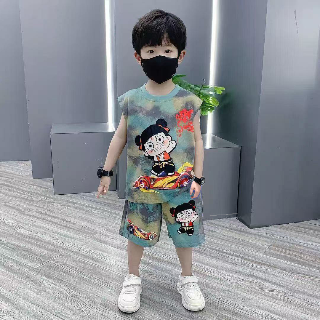 哪吒儿童衣服无袖套装2025夏季新款男童帅气宝宝夏装两件套速干潮
