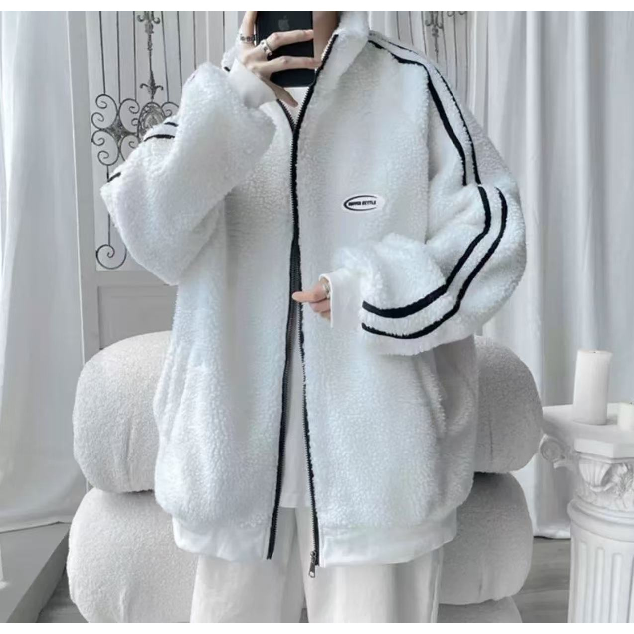 668 L1 XL1 4XL1 5XL3 羊羔毛加厚立领棉服外套潮牌冬装棉袄撞色