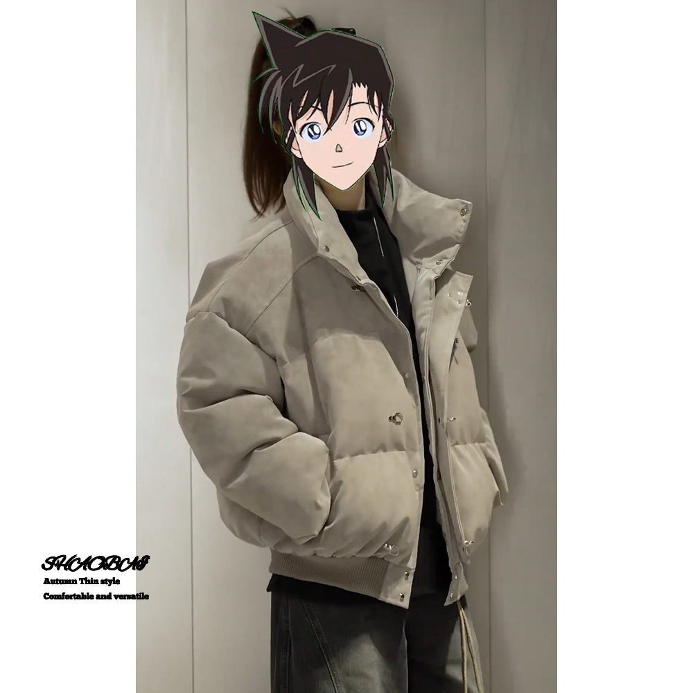 灰色美式扎染pu皮棉服外套男冬季加厚飞机扣设计棉衣立领保暖夹克