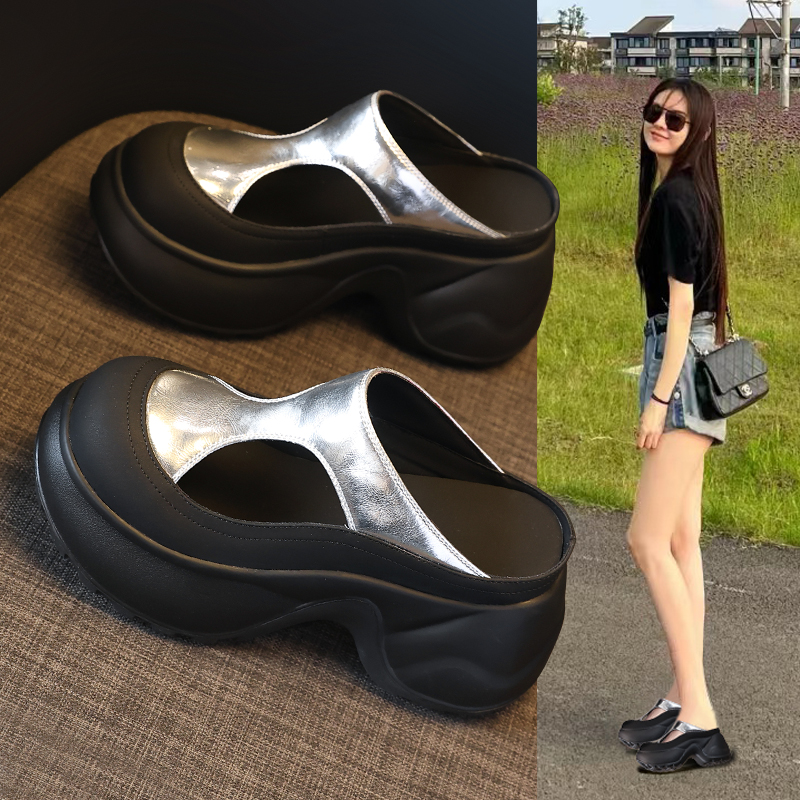 HS7780-15厚底内增高松糕休闲外穿包头拖鞋女2025夏季一脚蹬拖鞋