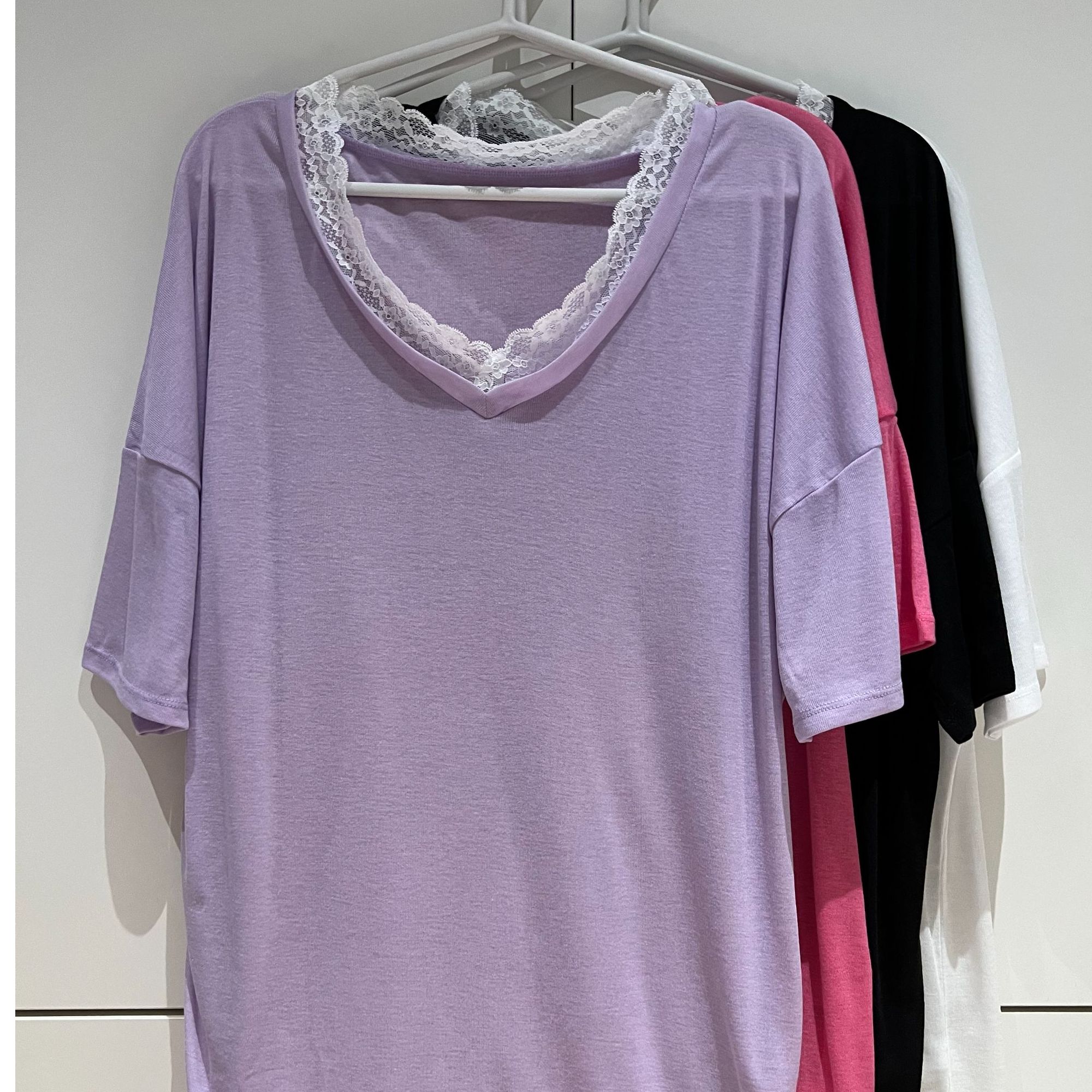 大码宽松夏季V领蕾丝拼接宽松慵懒风短袖瑜伽T恤运动健身罩衫
