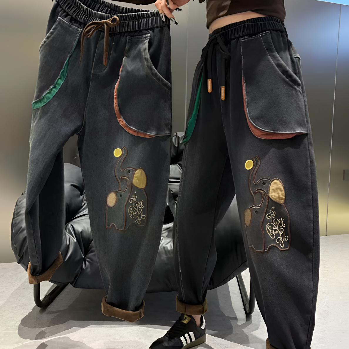 190-230斤 高弹刺绣吉祥象加绒牛仔裤