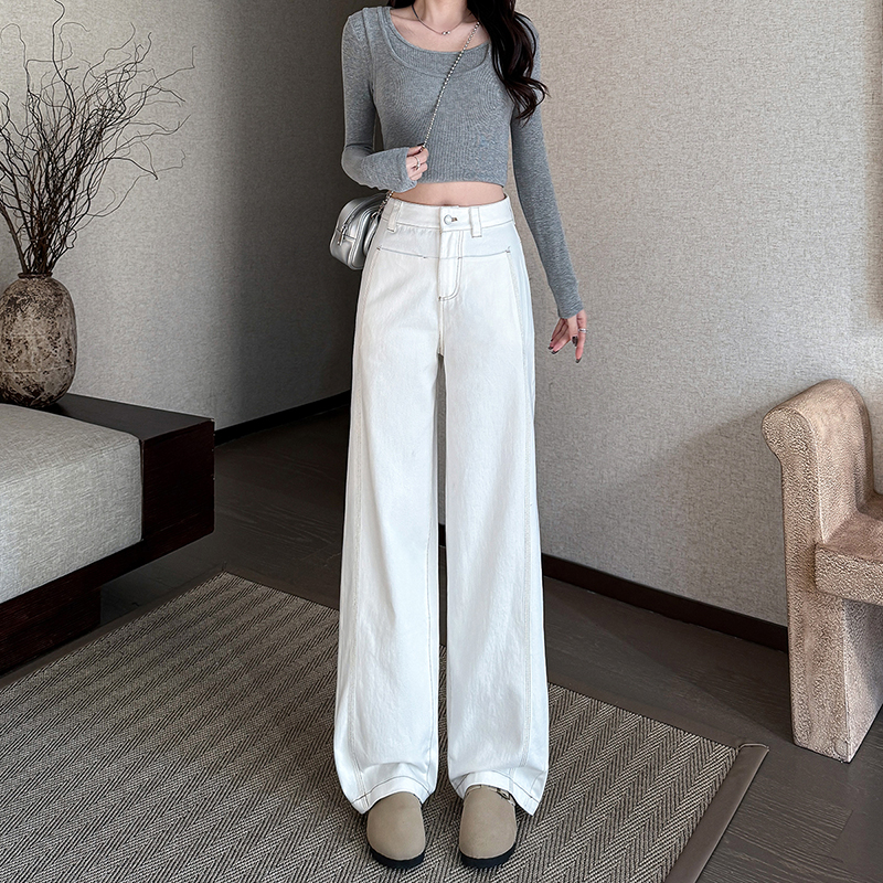 白色设计感阔腿牛仔裤女2025春季新款高腰宽松梨型显瘦垂感直筒裤