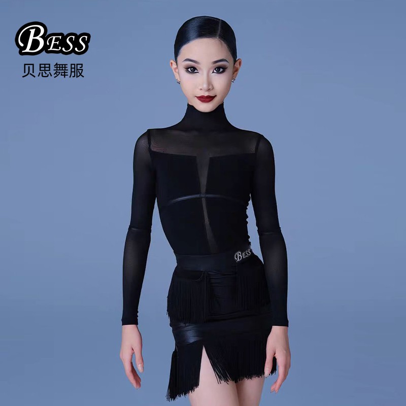 采舞者拉丁舞服女童秋冬新款长袖连体上衣仿皮流苏裙套装