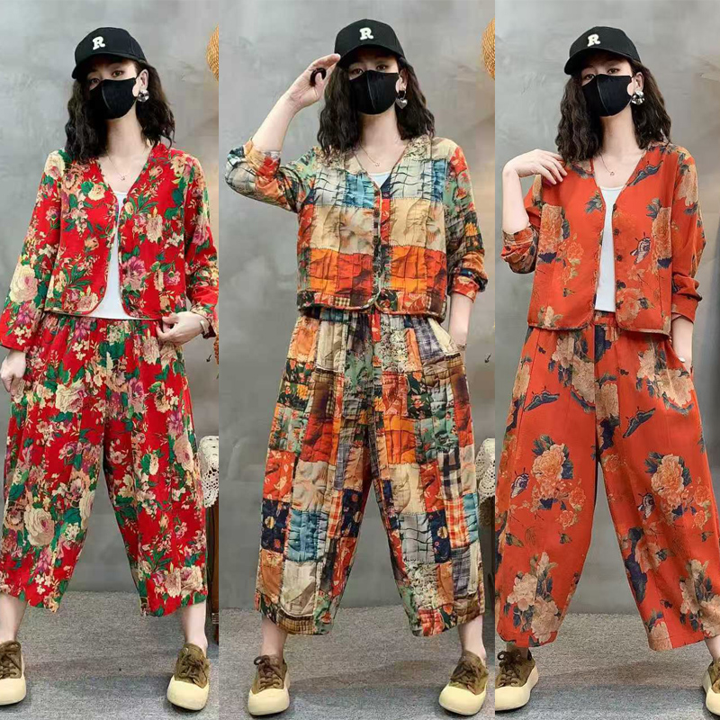 新中式妈妈装女士套装大花碎花V领衬衫八分裤两件套民族风中老年