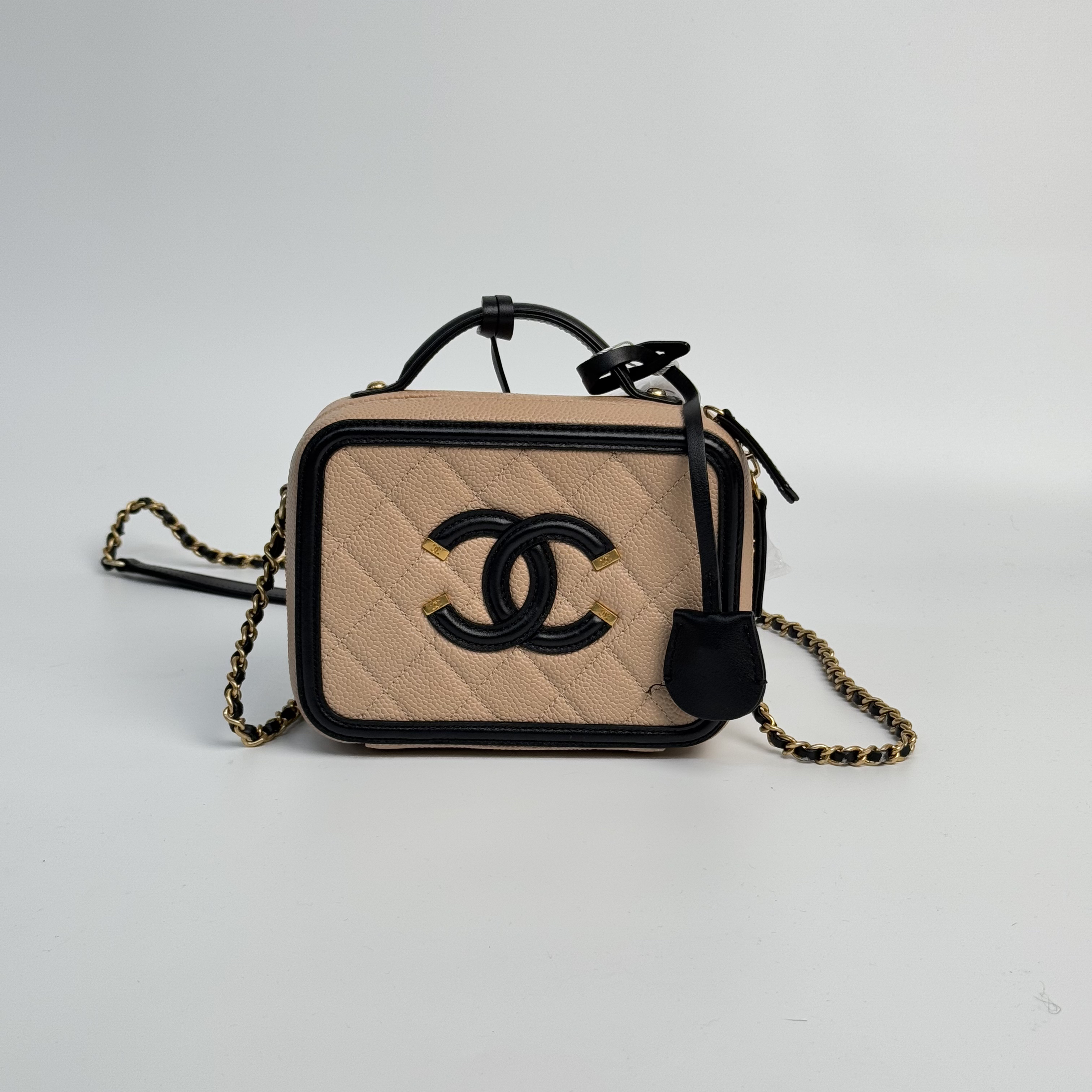 99新 Chanel/香奈儿 阿古叔叔/相机包单肩包 米色拼黑色 22开
