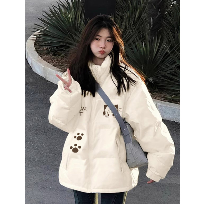 超好看猫爪印花90白鸭绒羽绒服女冬季新款短款加厚保暖高中生外套