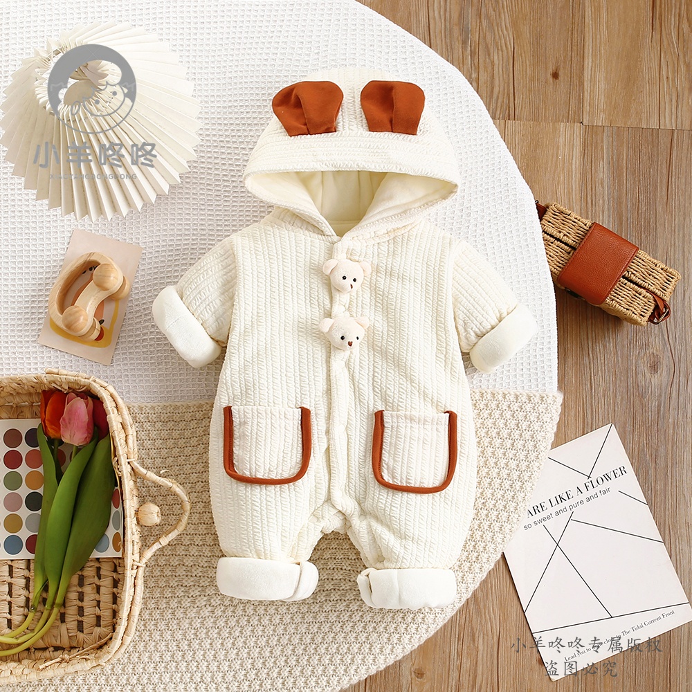 [加棉绒]冬季新款男女宝宝两只立体小熊连帽耳朵哈衣外出服爬服