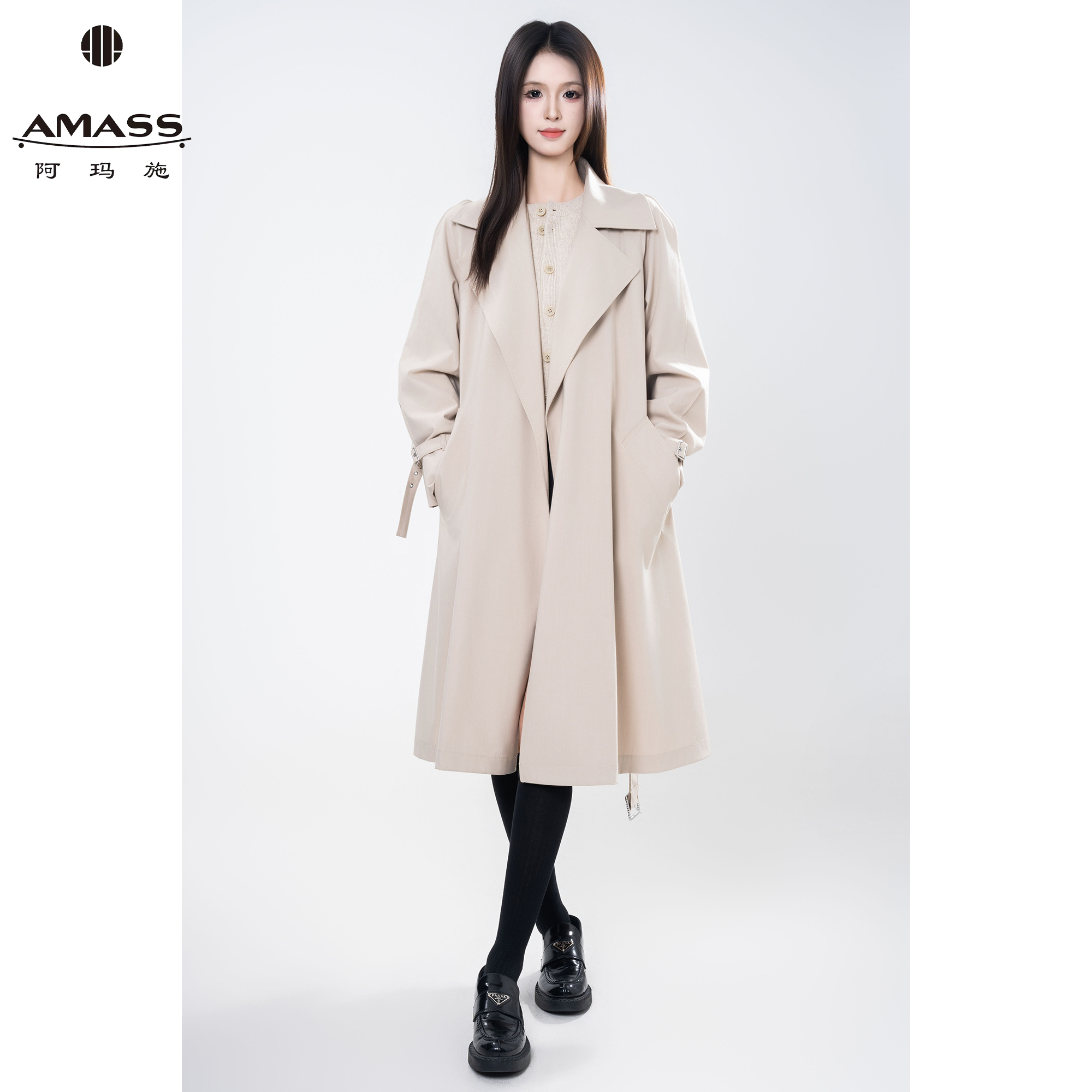 AMASS/阿玛施秋冬新款时尚静奢风翻领宽松长款系带风衣女 5400848