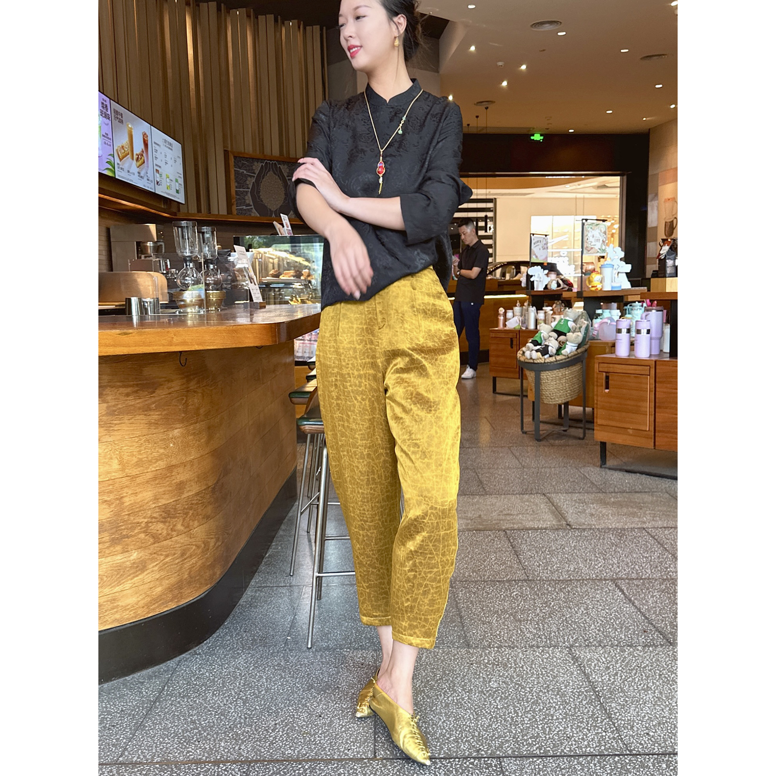 【深圳罗依】原创真丝棉裤女桑蚕丝香云纱龟纹加棉保暖九分萝卜棉裤