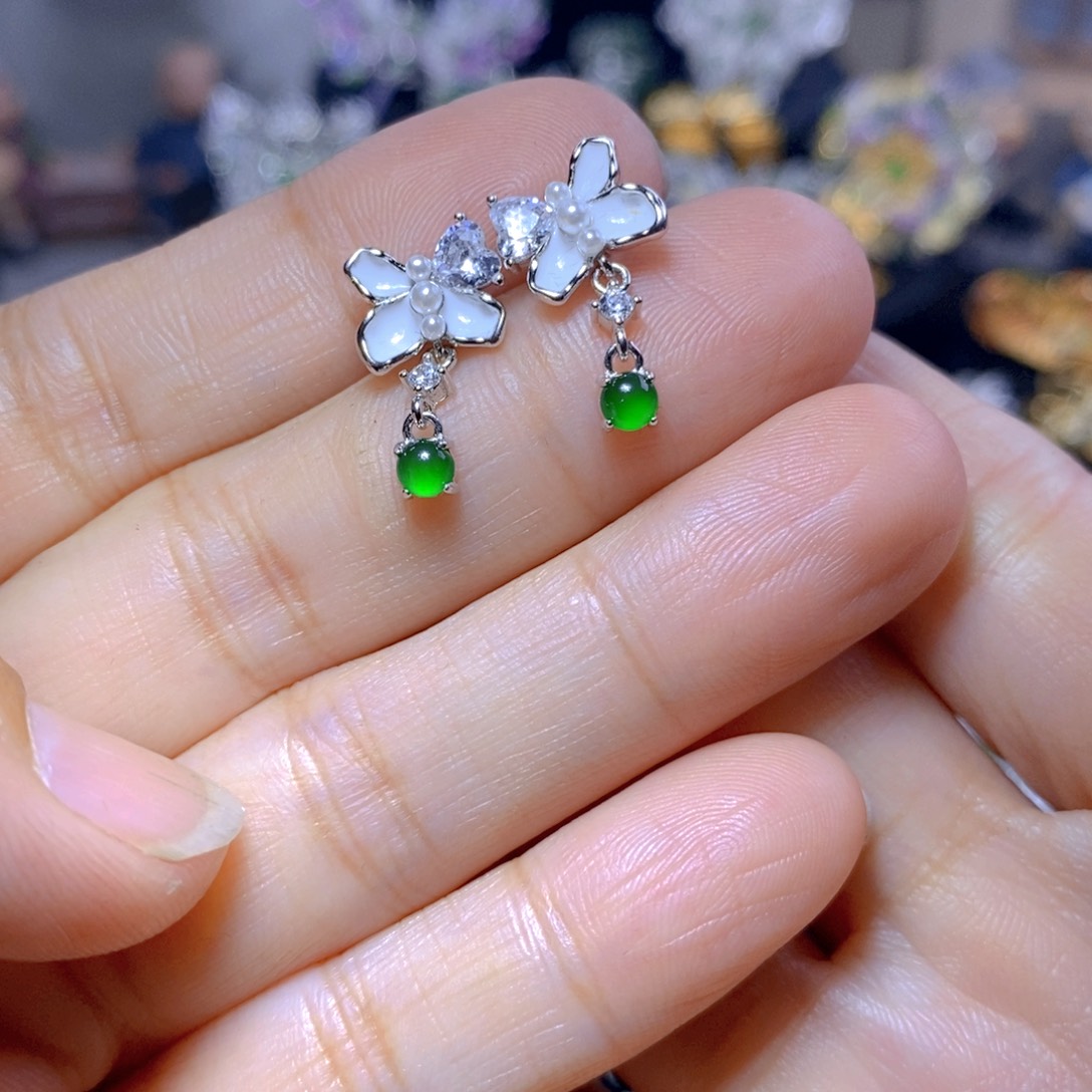 翡翠耳钉银S925镶嵌天然翡翠