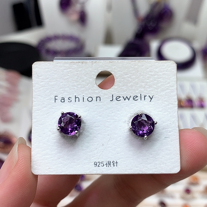 紫晶耳钉银S925镶嵌紫水晶耳钉
