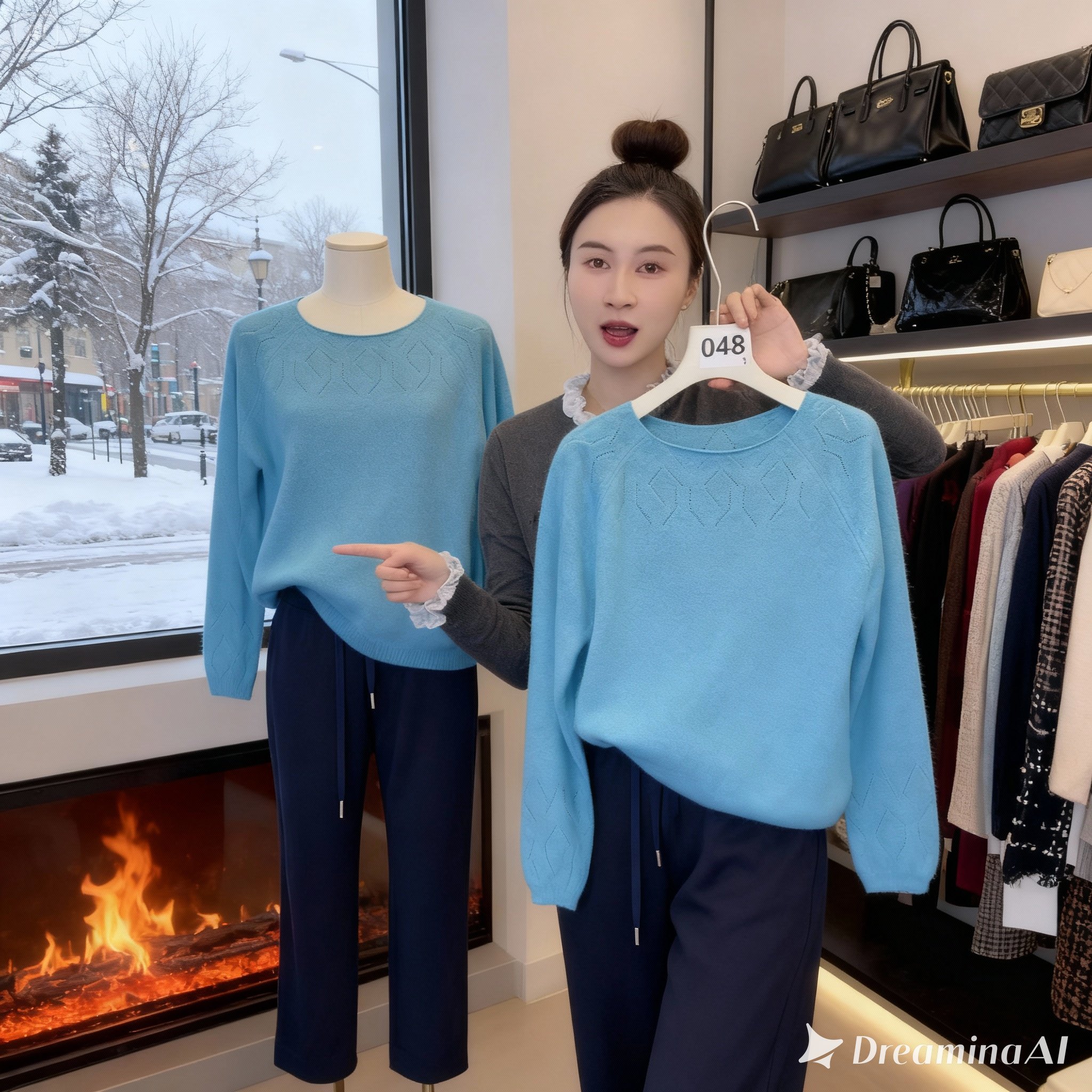 蓝色韩版宽松温柔风长袖软糯圆领针织毛衣女