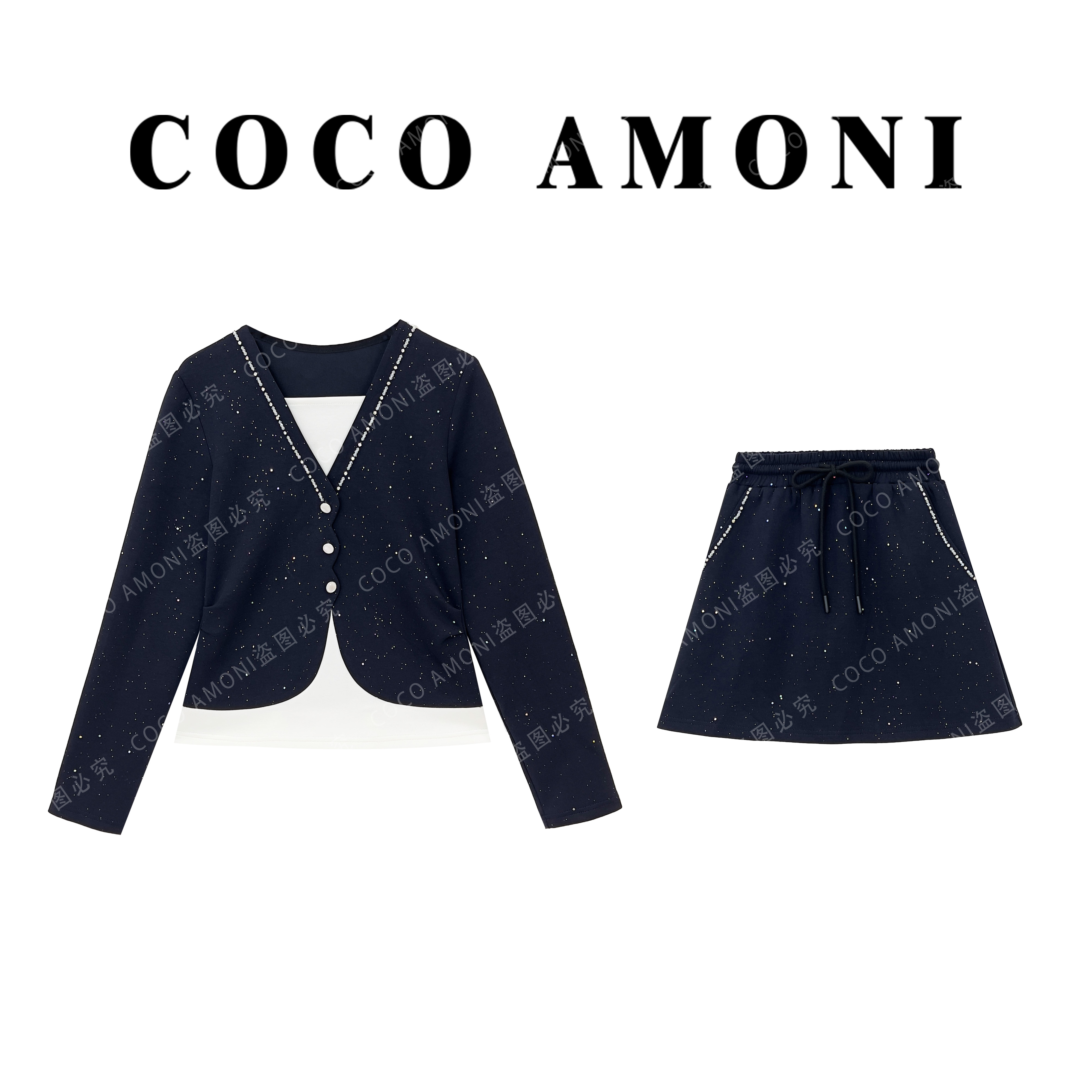 时尚爆款设计师假两件上衣亮钻褶皱收腰显瘦气质长袖套装LG068